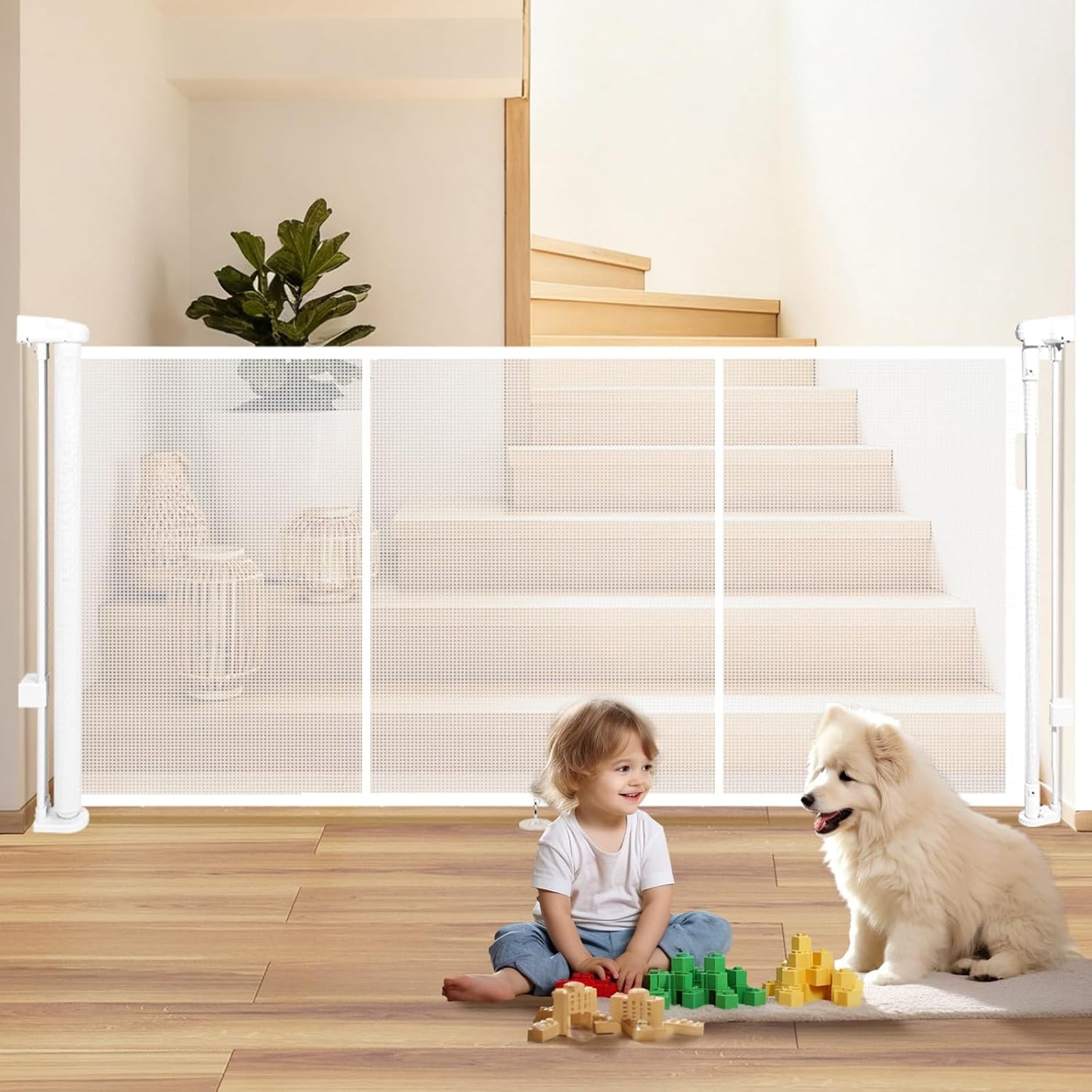 236" Retractable Baby Gate Extra Wide, 41" Tall Retractable Dog Gate for Stairs, Doorways, Decks, Mesh Gate Long Child Gate Pet Gate for Indoor, Outdoor, with Reinforced Mesh Rods, Dual Locks