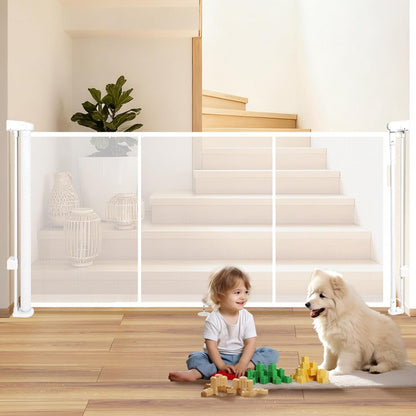 236" Retractable Baby Gate Extra Wide, 41" Tall Retractable Dog Gate for Stairs, Doorways, Decks, Mesh Gate Long Child Gate Pet Gate for Indoor, Outdoor, with Reinforced Mesh Rods, Dual Locks