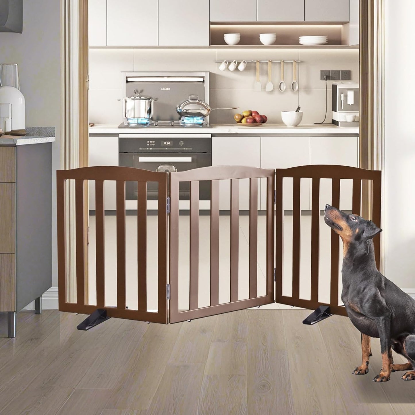 ZJSF Foldable Freestanding Indoor Dog Gate for House Wood White Long Pet Gates Dog Fence for Stairs Puppy Gates for Hallways,Pet Fence, Puppy Gate,Support Feet Included 24 "Height-3 Panels