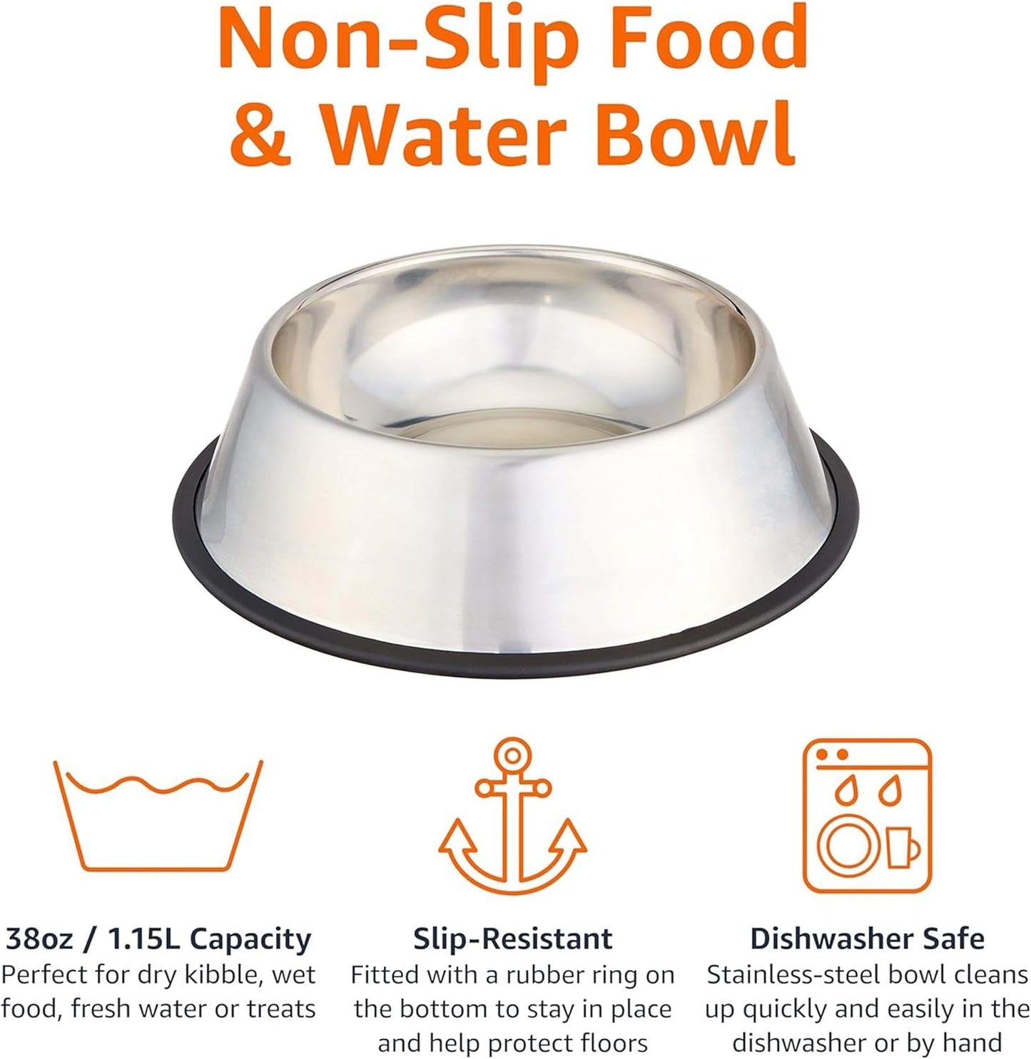 Amazon Basics Stainless Steel Non-Skid Dog Water And Food Bowls, Dishwasher Safe, Rust Resistant, 38oz Capacity, 10 x 2.8 Inches, 2-Pack