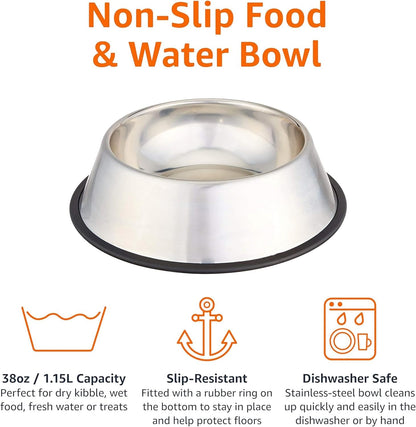 Amazon Basics Stainless Steel Non-Skid Dog Water And Food Bowls, Dishwasher Safe, Rust Resistant, 38oz Capacity, 10 x 2.8 Inches, 2-Pack