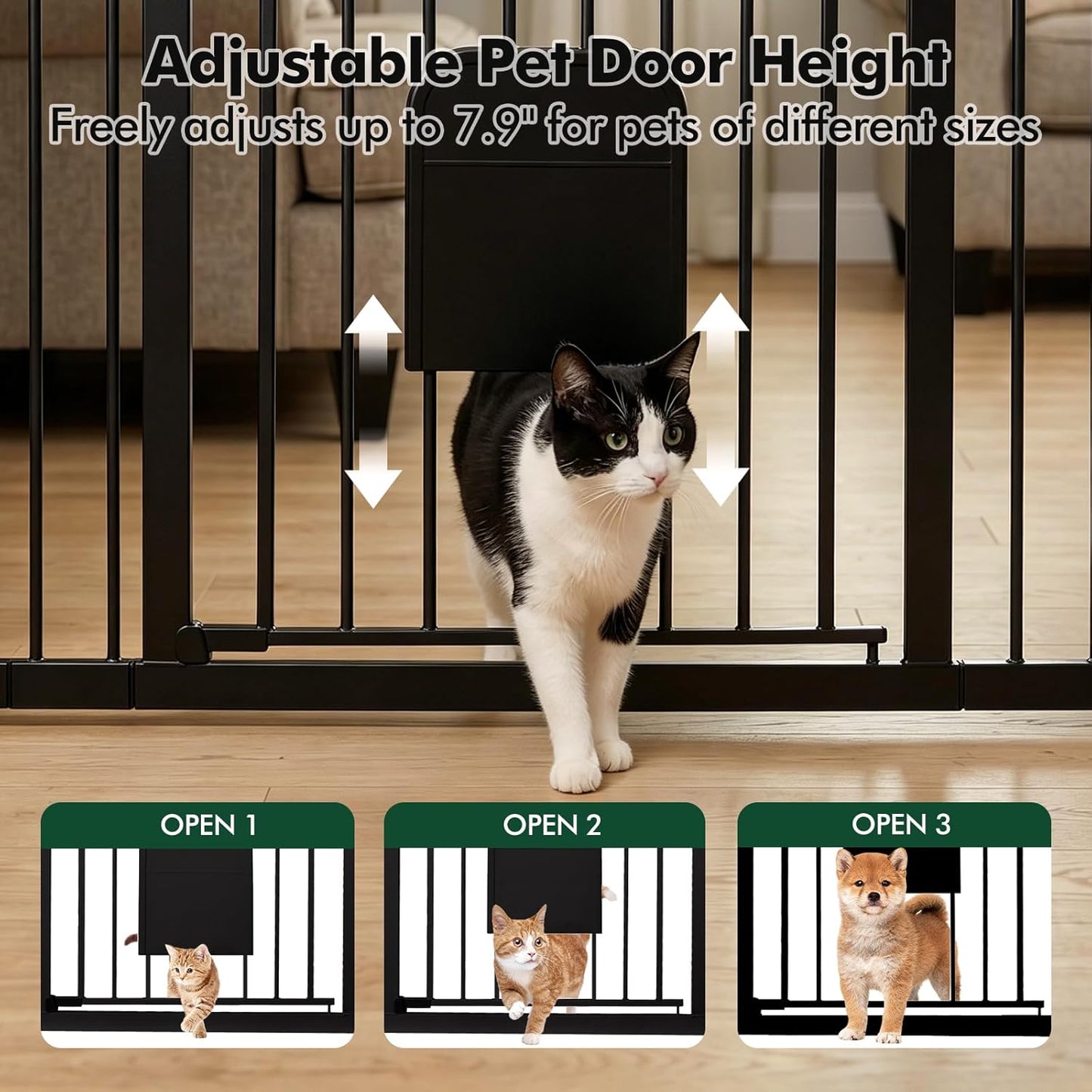 Metal Pet Gate with Cat Door, Adjustable Dog Gate for Doorways & Stairs, Pressure Mounted, Auto-Close, No Tools Needed, 31-46 Inches, Black