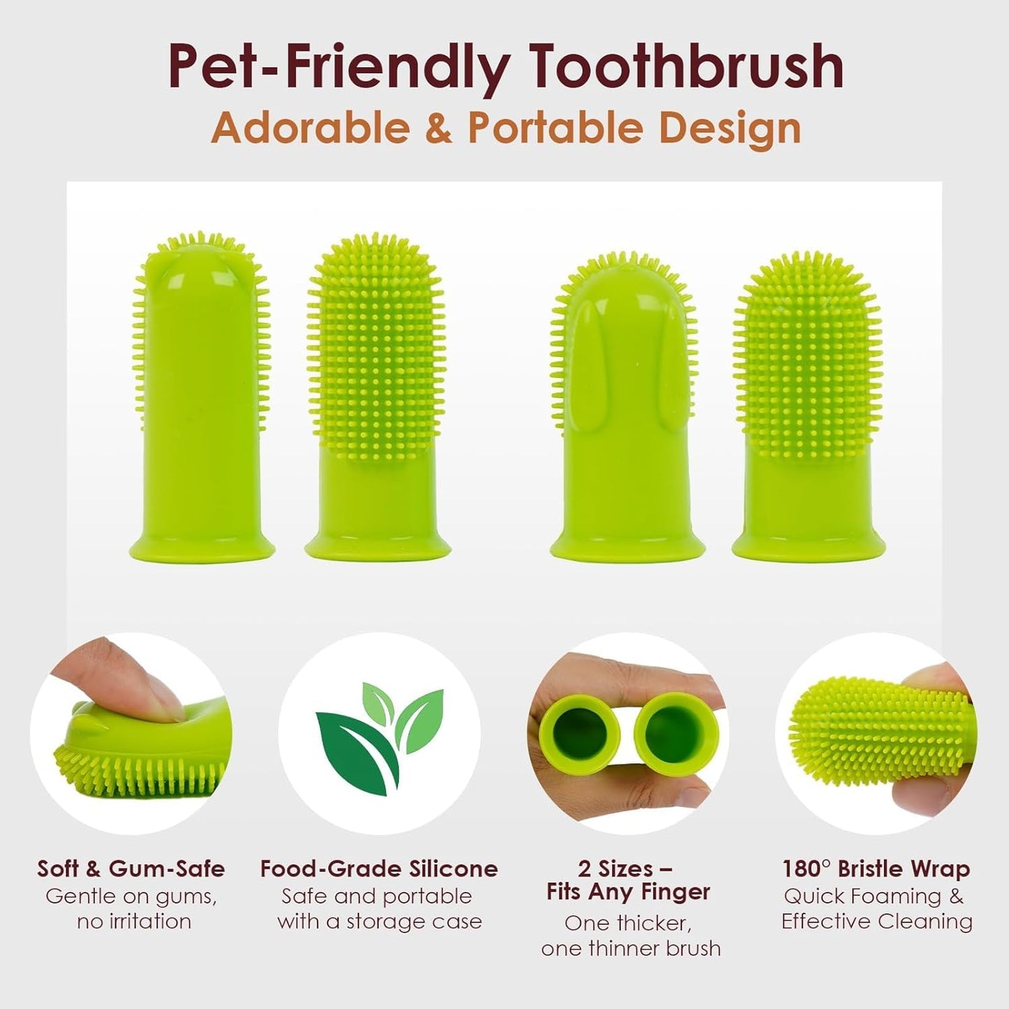 2-Pack Dog Toothbrush for Different Finger Sizes, 180° Bristle Coverage, Soft Dog Tooth Brushing Kit for Medium & Large Dogs, Dental Care Pet Teeth Plaque and Tartar Cleaning, Food-Grade Silicone