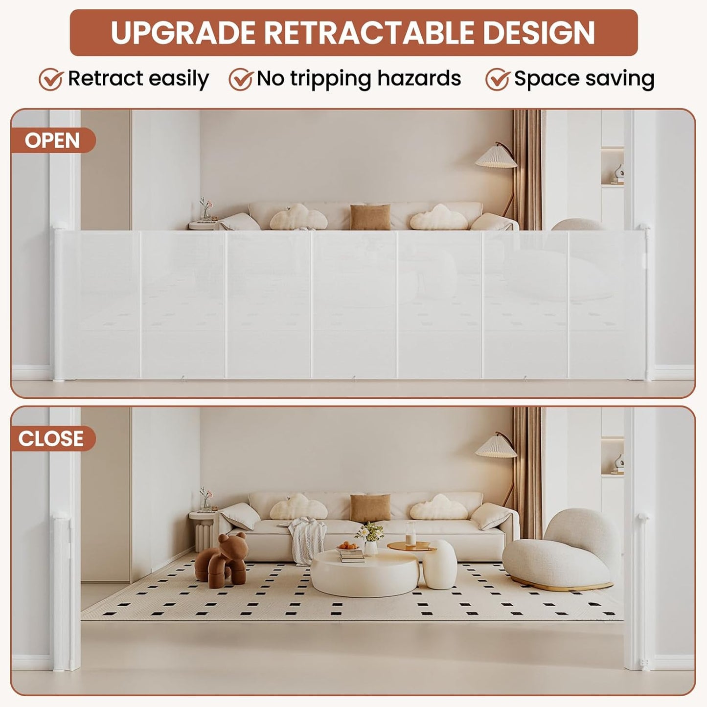Upgrade Retractable Baby Gates Extra Wide (150" W x 42" H), 150 inch Reinforced Retractable Dog Gate to Prevent Crawling Through, Retractable Gate Outdoor/Indoor, Real One-Handed Operation, Black