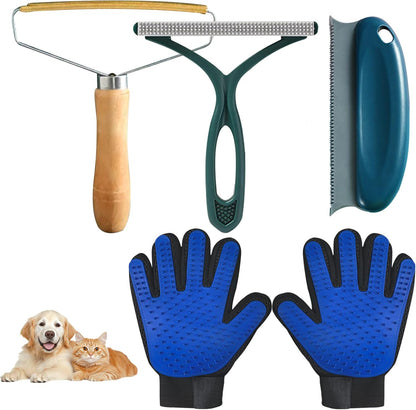 Pet Hair Remover Tool 4-Pack, Dog Cat Hair Remover with 1PCS Pet Grooming Glove, Lint Shaver Cleaner Pro, Portable Carpet Scraper for Carpets, Clothes, Car Mats, Couch, Pet Bed, Furniture