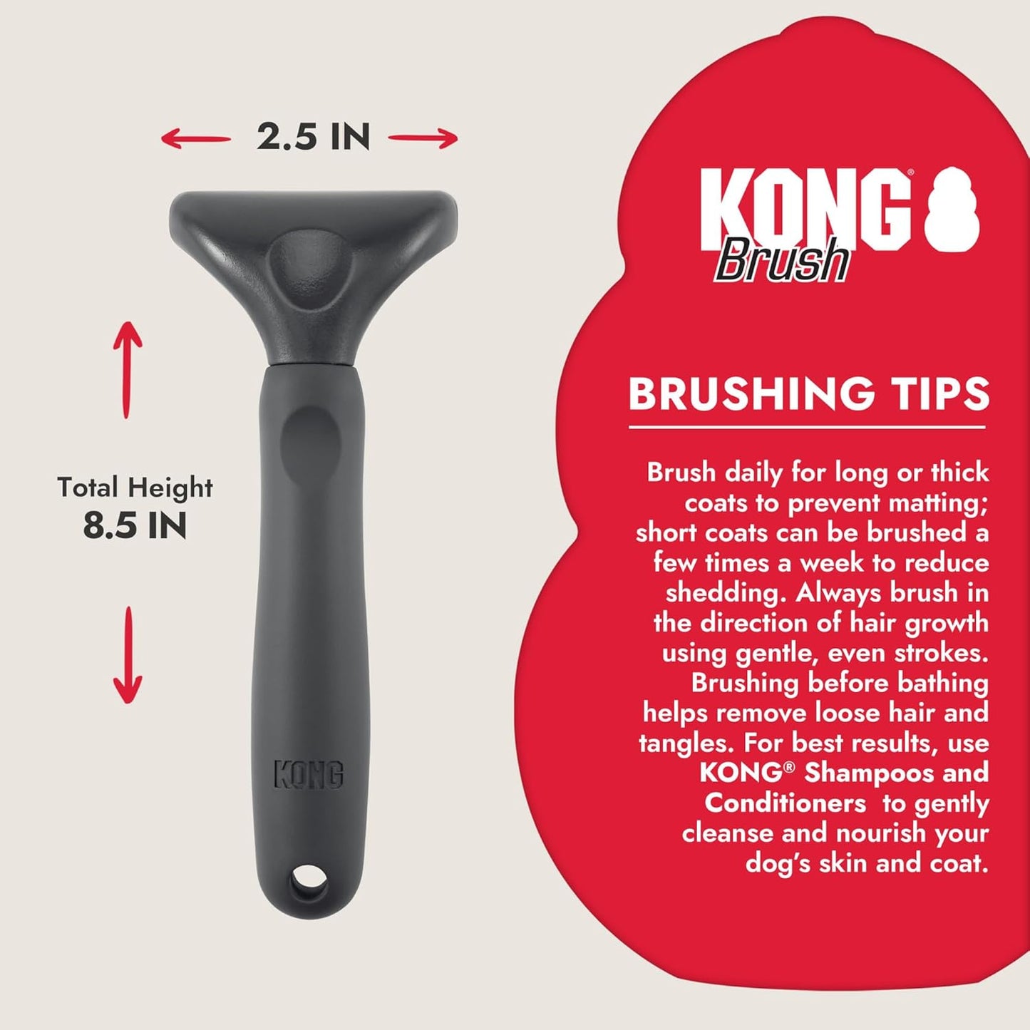 KONG Double-Sided Rake & Deshedding Tool – Detangling & Shedding Control, Rounded Metal Tips, Non-Slip Grip, for Medium to Large Dogs with Medium to Long Coats, Red/Gray