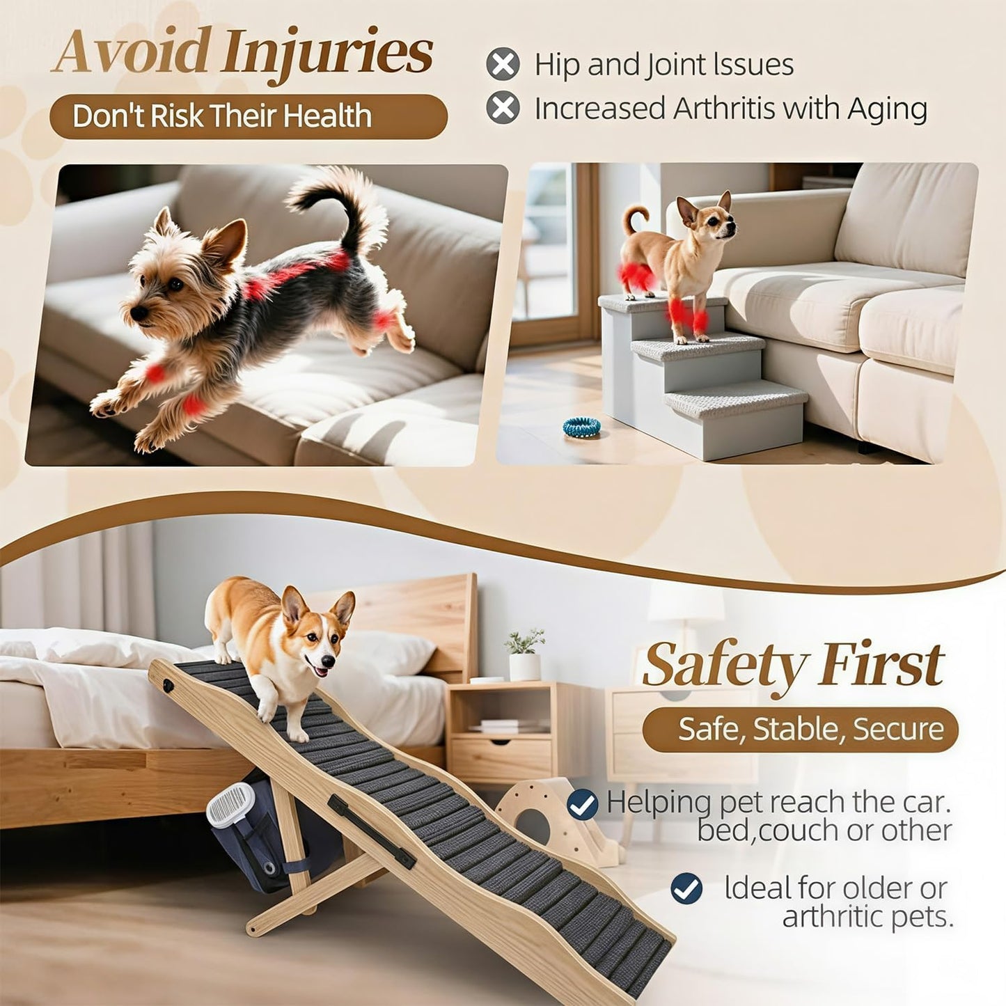 2026 Upgraded Dog Ramp for Couch & Low Bed, 33" L Folding Wood Pet Ramp 200LB Capacity, 4-Level Adjustable Height 11"-20", Non-Slip Sturdy Puppy Ramp for Small & Senior Dogs, Joint Relief, Wavy Design