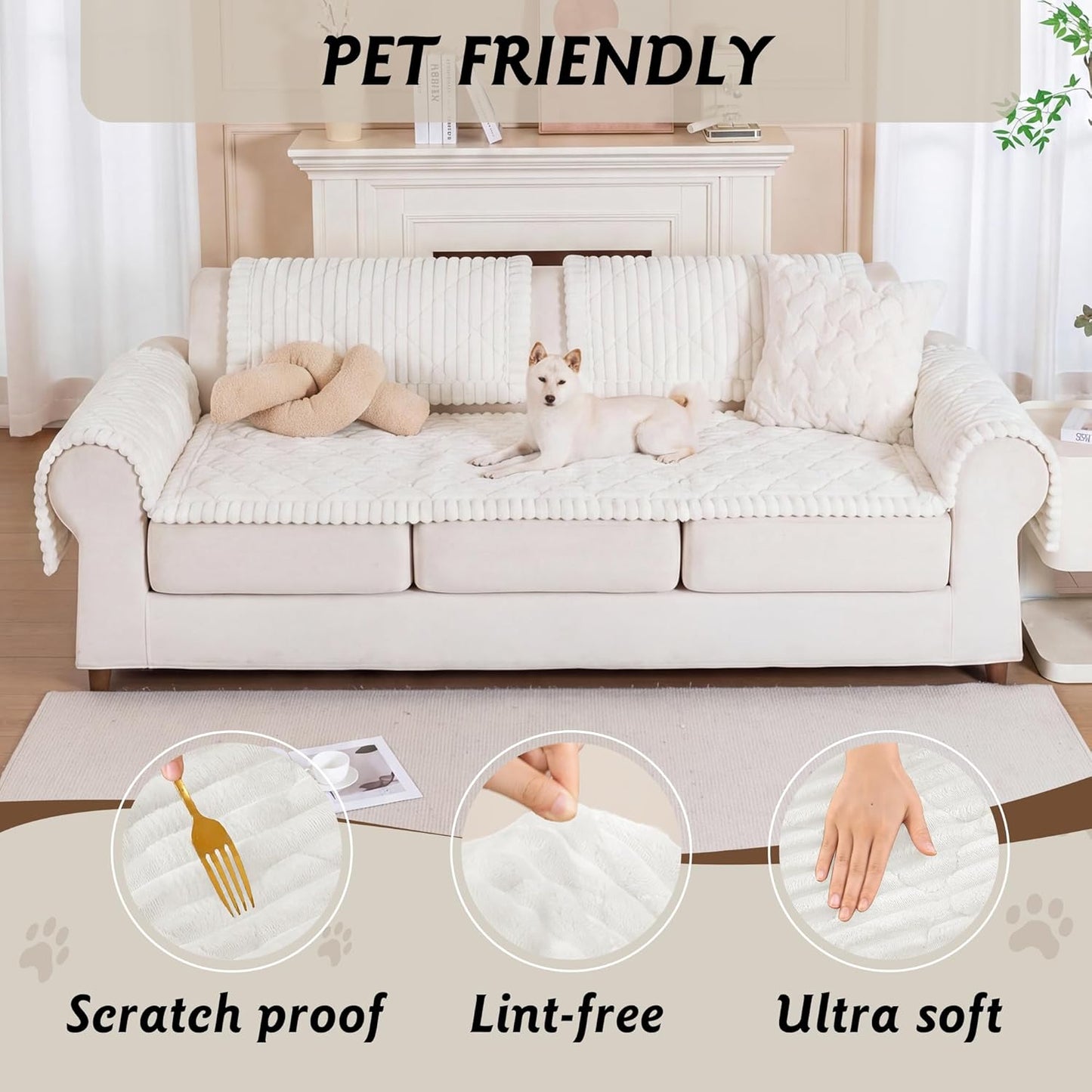 PuTian 100% Waterproof Fuzzy Couch Cover for Dogs Washable Non-Slip Furniture Cover Pet Friendly Dog Mat for Couches and Sofas White 27.6''x59'' 70cmx150cm
