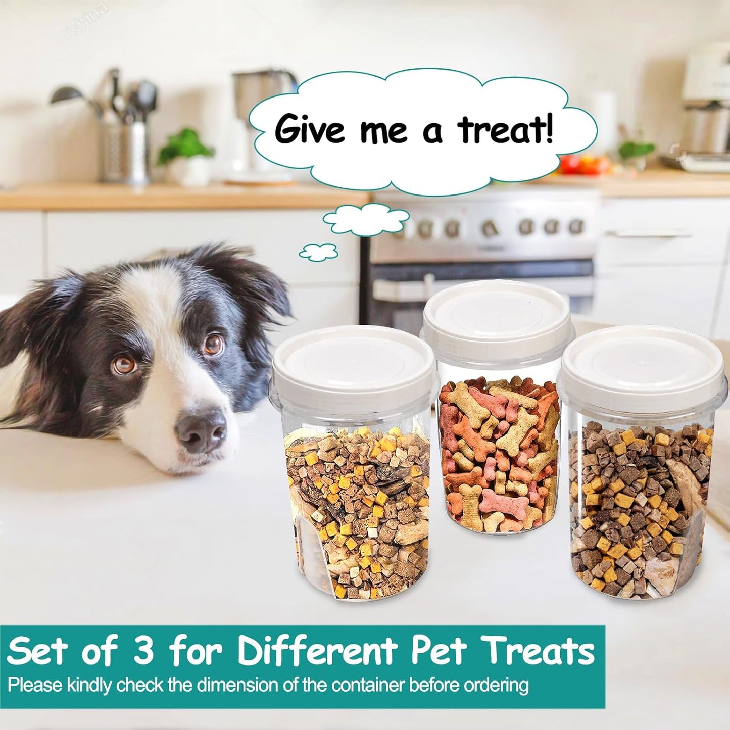 3 Pack Dog Treat Container - Airtight Dog Treat Holder with Lid - Reusable Cat Treat Container - Cute Cat Treat Cookie Container Set - Plastic Pet Dog Cat Food Storage Container