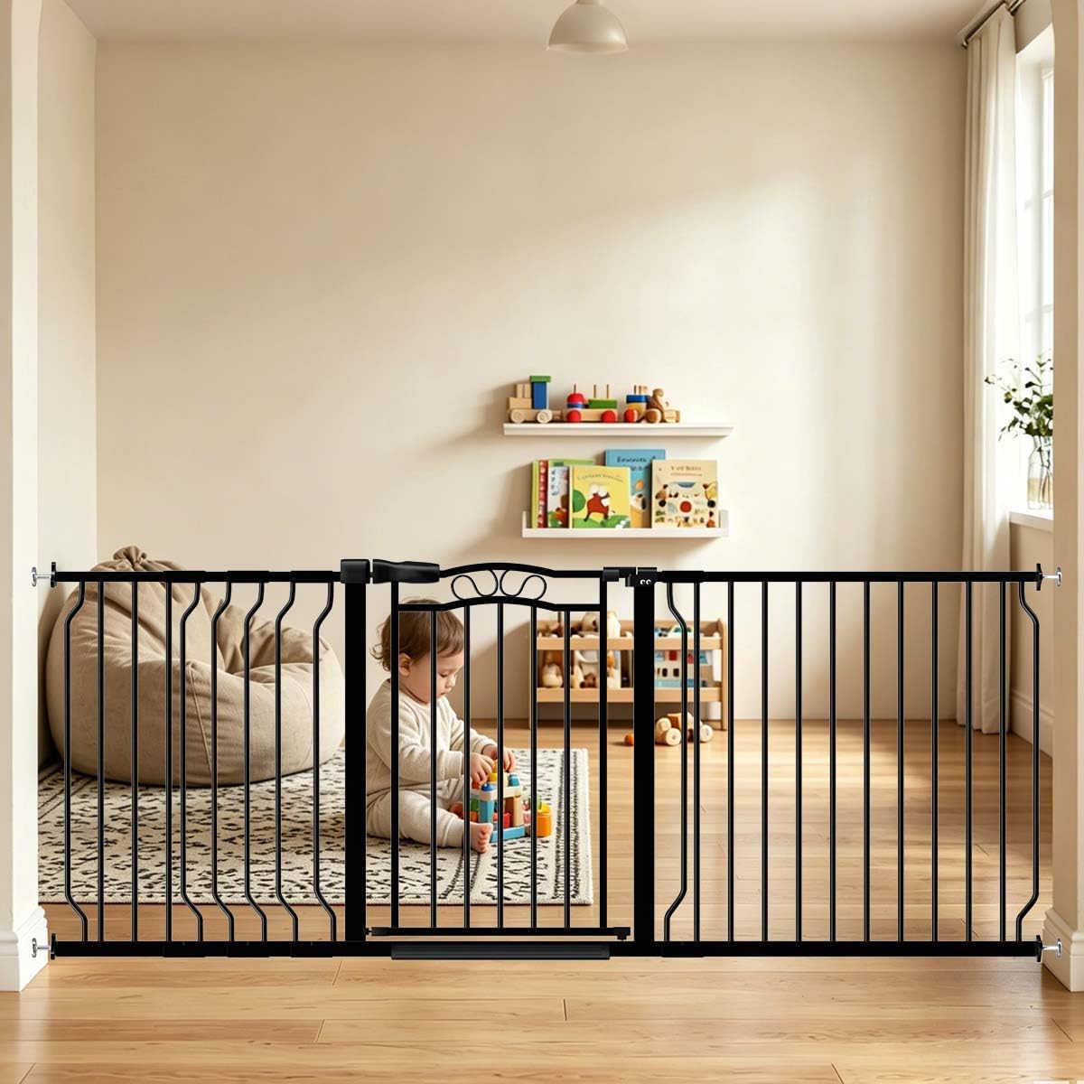 Fairy Baby 62.5"-71.6" Extra Wide Baby Gate Pressure Mount, Long Large Dog Gate Indoor Doorways Stairs, No Drill Safety Child Gate for Kids with Double Lock, Walk Thru Pet Gate for Puppy Doggy, Black