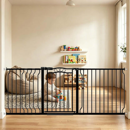 Fairy Baby 62.5"-71.6" Extra Wide Baby Gate Pressure Mount, Long Large Dog Gate Indoor Doorways Stairs, No Drill Safety Child Gate for Kids with Double Lock, Walk Thru Pet Gate for Puppy Doggy, Black