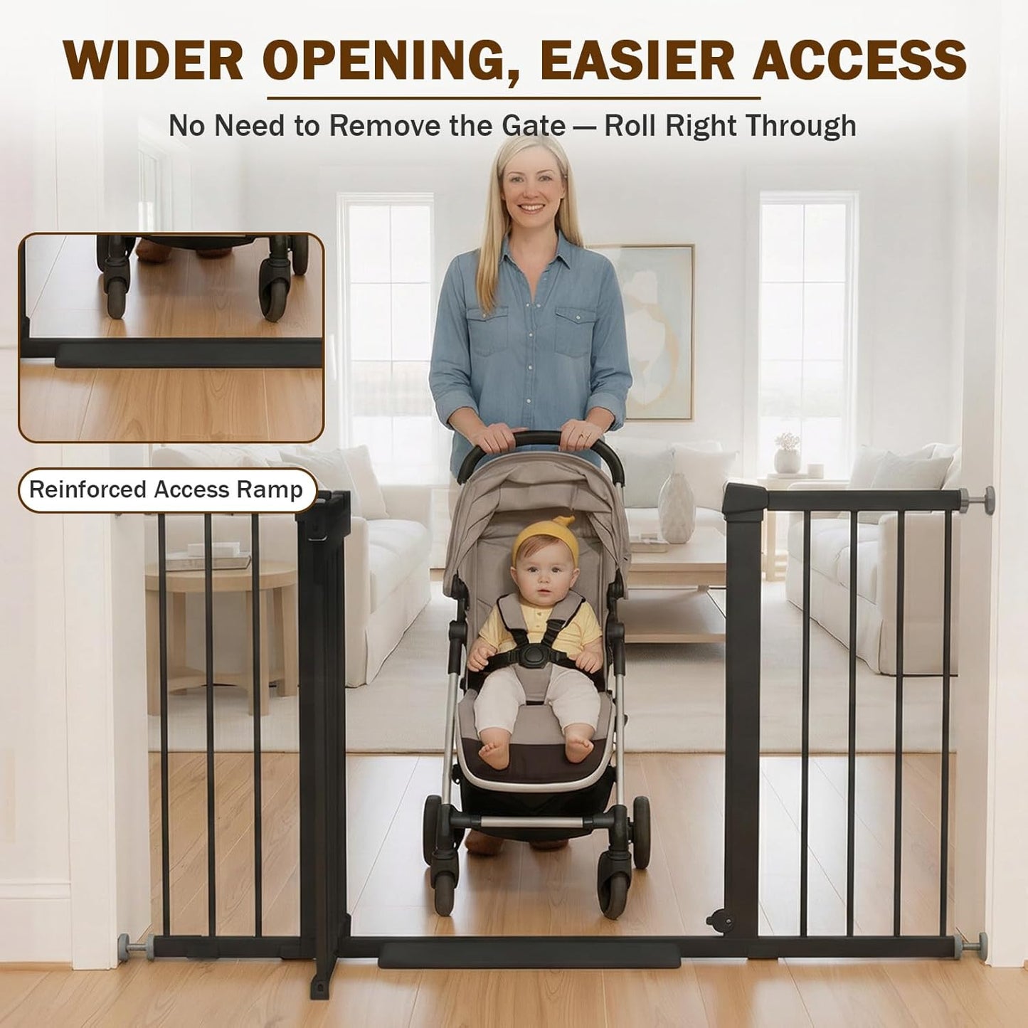 Mumeasy Baby Gate Extra Wide, 29.7-51'' Pressure Mounted Dog Gate with Walk Thru Door, Auto Close Pet Gate for House, Stairs, Doorways,Black