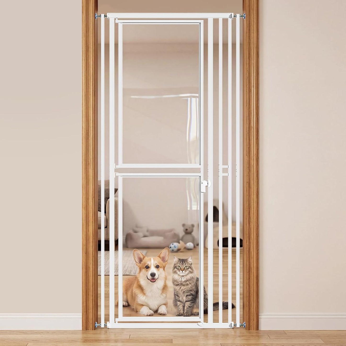 78.7" Extra Tall Transparent Cat Gate for Doorway, PC Board Clear Pet Gate with 27”-37” Adjustable Width, Pressure Mounted Dog Gate with Auto Locking, for Stairs/Kitchen/Hallways, No Drilling