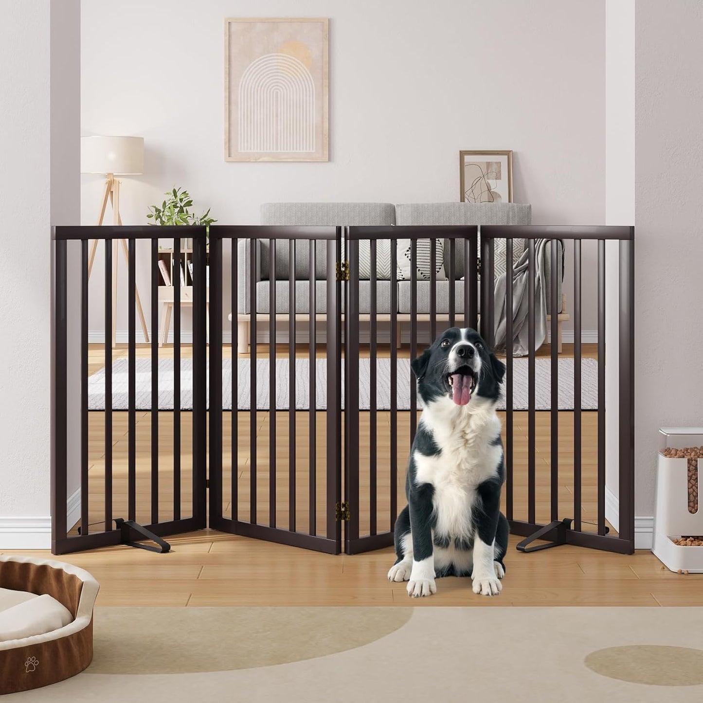 Freestanding Dog Gates Indoor, 3-Panel Pet Gates with 2 Metal Stands and 360° Hinge, 24" H Foldable Dog Gate for Stairs, Doorway, Kitchen, Expands Up to 55" Fully Assembled - Black Walnut