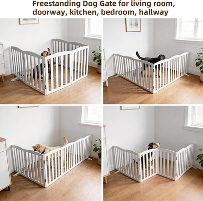 ZJSF Foldable Freestanding Indoor Dog Gate for House Wood White Long Pet Gates Dog Fence for Stairs Puppy Gates for Hallways,Pet Fence, Puppy Gate,Support Feet Included 24 "Height-3 Panels