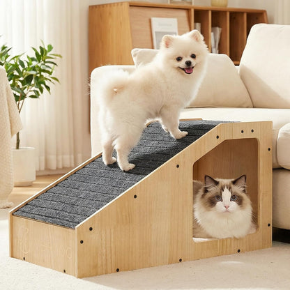 Veehoo Small Dog Ramp for Bed Couch, Pet Ramps for Dogs to Get on Bed Couch with Cat Cave Condo Non Slip Surface and Bottom Pad, 16" Wide Wooden Doggy Stairs Puppy Steps Small Ramp Ladder for Indoor