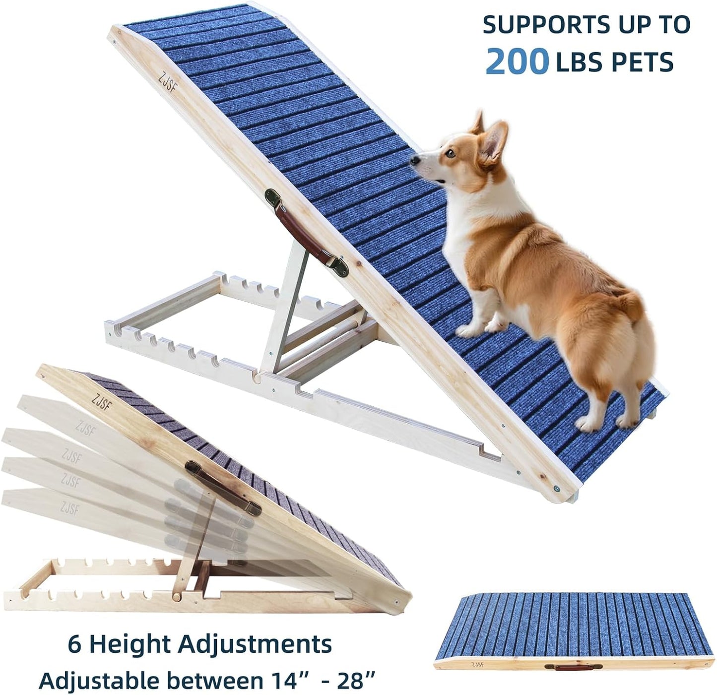 ZJSF Foldable Wooden Dog Ramp for High Bed, Dog Stairs for Small Dogs, High Traction Platform with 4 Adjustable Heights (14"-19.7"), 33", Supports up to 70 lbs