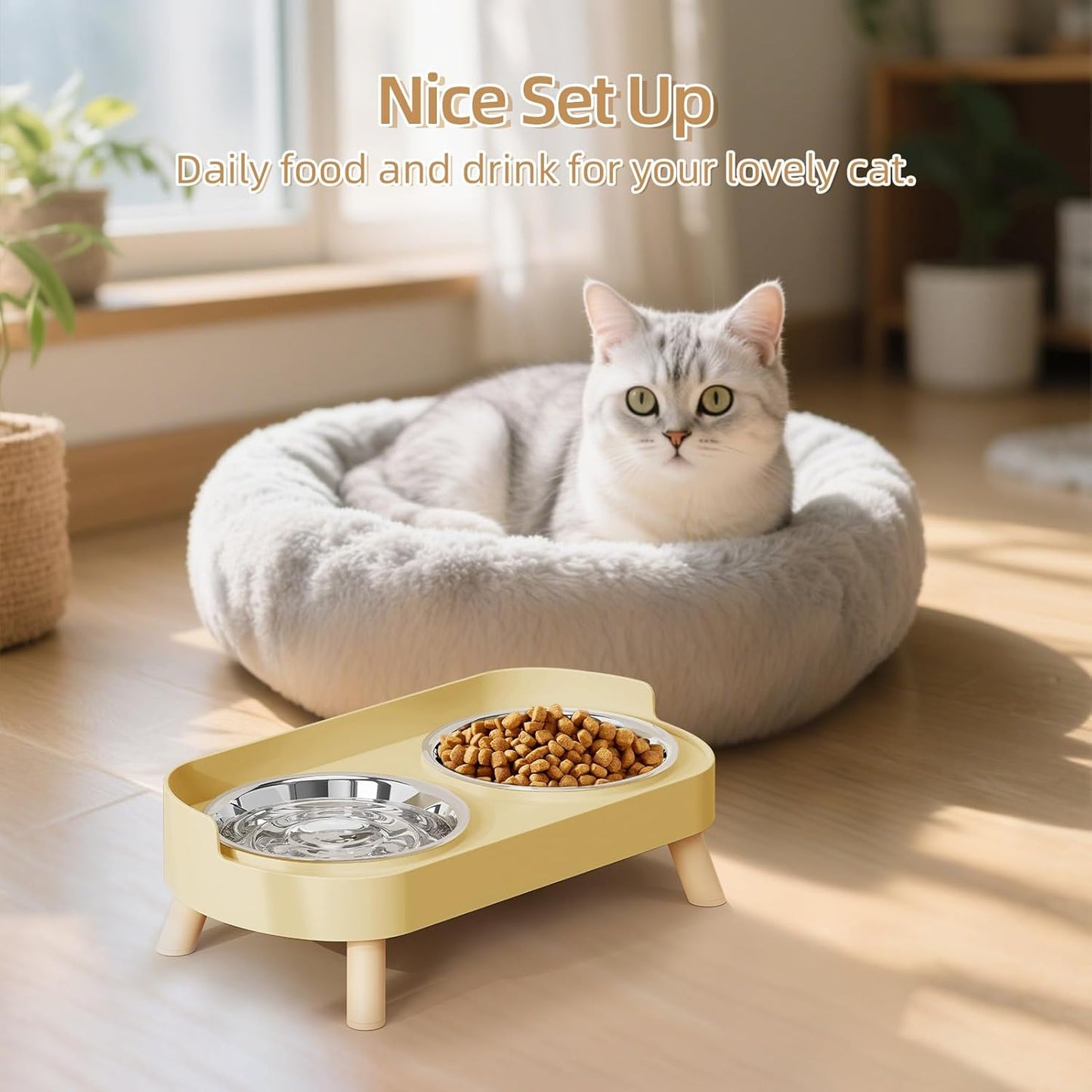 Elevated Cat Bowl, Raised Cat Food and Water Bowl Set for Indoor Cats, Splash Proof with 2 Stainless Steel Pet Food Bowls for Cats and Puppies, Whisker Fatigue and Dishwasher Safe - White