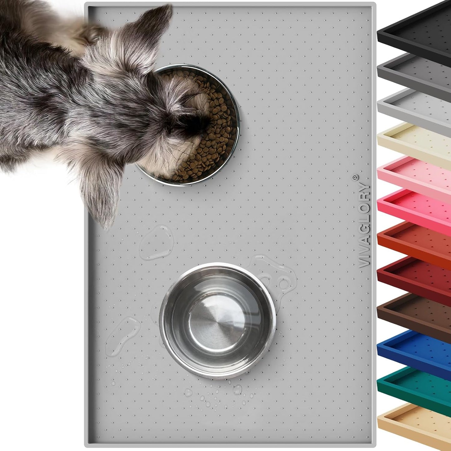 VIVAGLORY Dog Bowl Mat Grippymat Pet Food Mat, Waterproof Washable Nonslip Silicone for Pet & Cat, Food and Water Placemat with Lip & Raised Edges for Indoor Floor, S, Grey