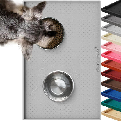 VIVAGLORY Dog Bowl Mat Grippymat Pet Food Mat, Waterproof Washable Nonslip Silicone for Pet & Cat, Food and Water Placemat with Lip & Raised Edges for Indoor Floor, S, Grey