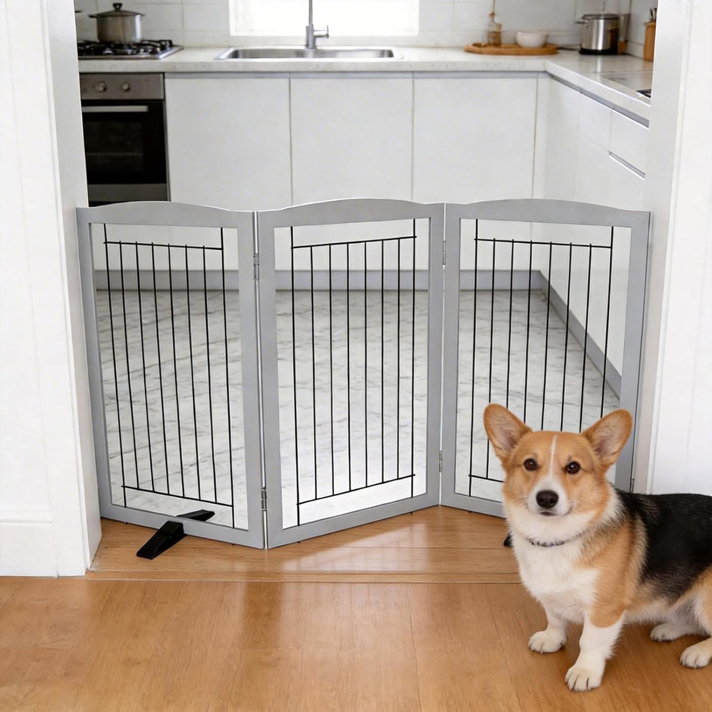 ZJSF Freestanding Dog Fence Indoor, Foldable Dog Gate for Doorways, Stairs or Hallways, Sturdy Wood Extra Wide Pet Gate with Support Feet for The House, White, 24 "Height-3 Panels