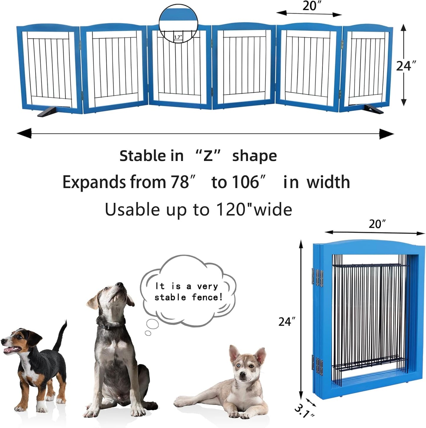 ZJSF Freestanding Dog Fence Indoor, Foldable Dog Gate for Doorways, Stairs or Hallways, Sturdy Wood Extra Wide Pet Gate with Support Feet for The House, White, 24 "Height-3 Panels
