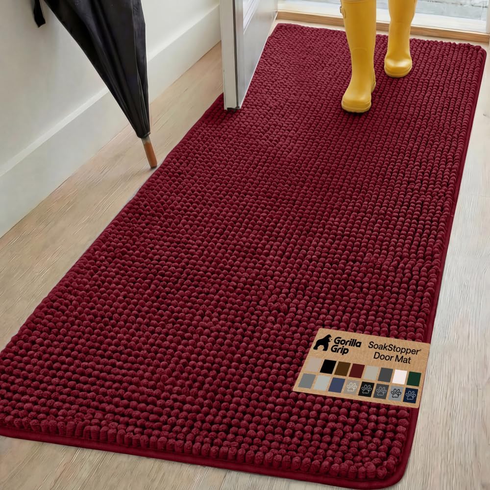 GORILLA GRIP SoakSTOPPER Dog Door Mat, 30x20 Machine Washable Rug Absorbent Doormat Captures Moisture Mud Dirt, Quick Dry Soft Chenille Entryway Rugs Indoor Entrance Mats for Dog Paws, Paw Grey