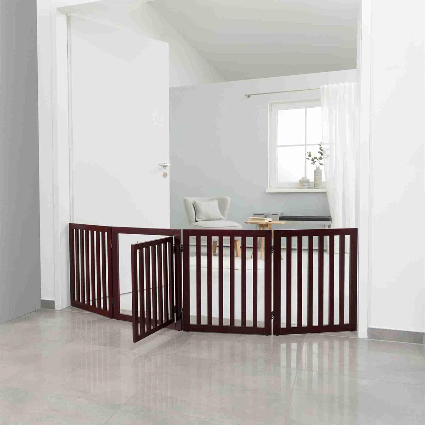 TRIXIE Freestanding 4-Panel Pet Gate, 24-in Tall Foldable Indoor Dog Barrier Fence, 81.2-in Max Width with Pet Door, Brown