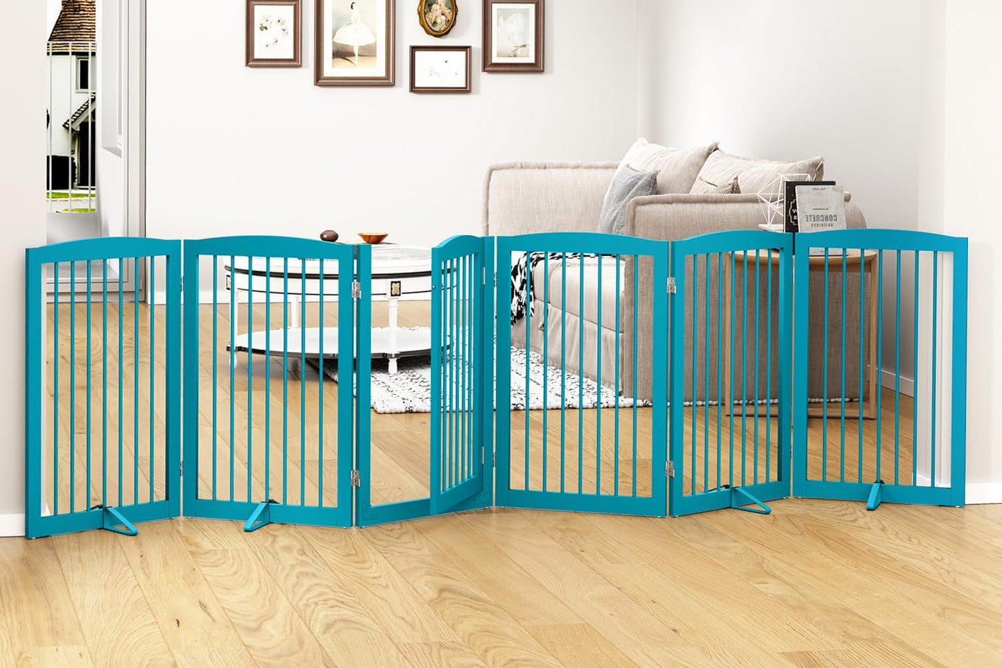 PUPETPO Freestanding Dog Gate with Door, Pet Gate for Stairs, 80 inch Wide Pet Barrier Indoor, Dog Fences Indoor, Support Feet Included, 4 Panels, 24" Tall, Dark Brown