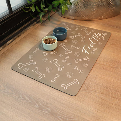 Le courant Dog Cat Feeding Mat,Water Absorbent, Non Slip Placemat for Pets Bowl and Water,100% Waterproof Feeding Mats for Multiple Breeds.Grey.Bone Printing