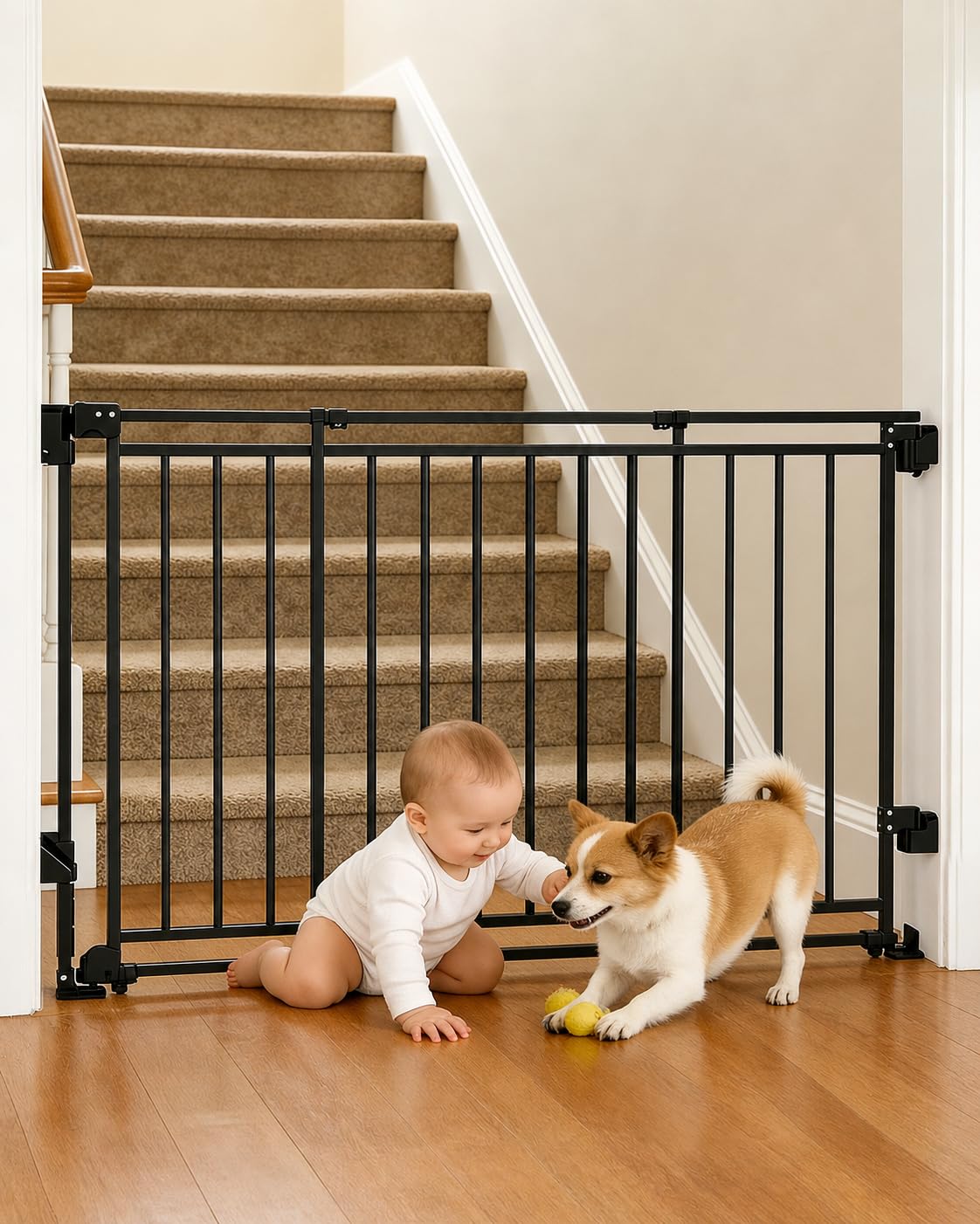 Extra Wide Baby Gate for Doorways 29" Tall Safety Gate for Kids&Pets,Pressure Mounted with Auto Close,Walk-Thru Metal Gate,Adjustable Width 26.4"-43",Indoor Pet Gate for Stairs & Hallways Black