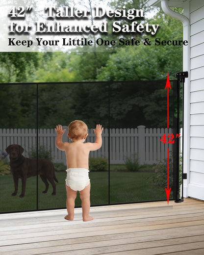240'' Extra Wide Retractable Baby Gates for Large Opening, 42" Tall Retractable Dog Pet Gate with Support Rods, Long Mesh Screen Child Safety Gate for Garage Doorways Deck Stairs Yard Outdoor Indoor
