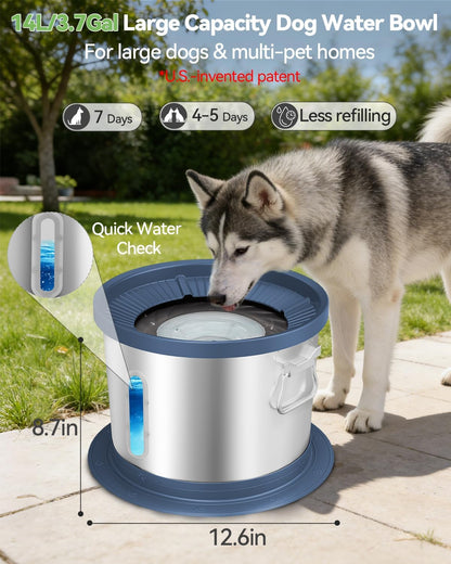 UPSKY 14L No Spill Dog Water Bowl, Stainless Steel Spill Proof Dog Bowl with Water Window, Dual-Suction Anti-Slip Large Capacity Slow Drinking Bowl with Floating Disk for Large Dogs & Messy Drinkers