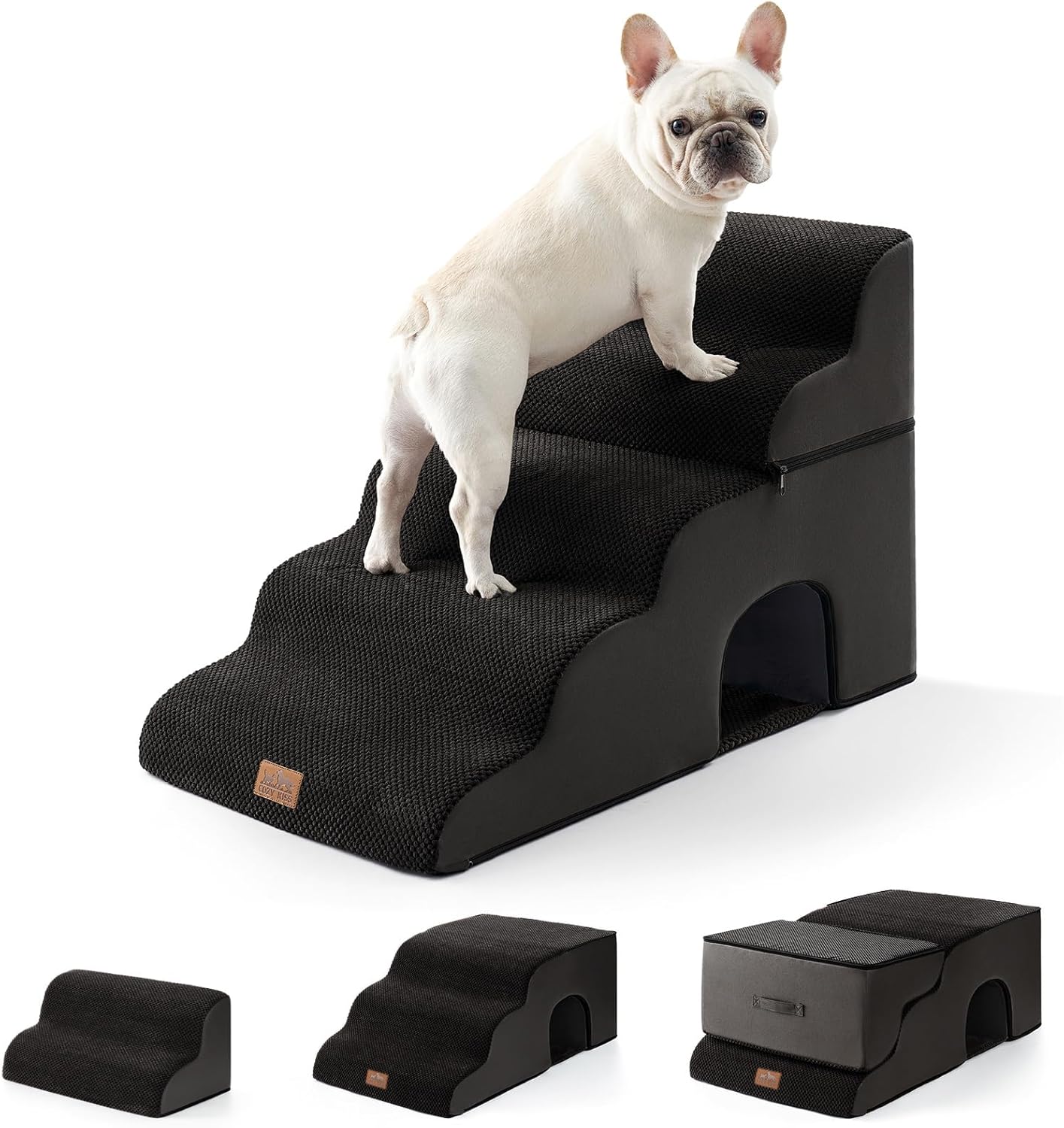 COZY KISS Extra Wide Dog Stairs with Tunnel, Foam Detachable Large Dog Step for Small Pet, Puppy or Cats, Medium Pet Ramp for High Bed, Couch, Sofa or Car, 19.7x33x22.4 inch, 5 Step, Beige