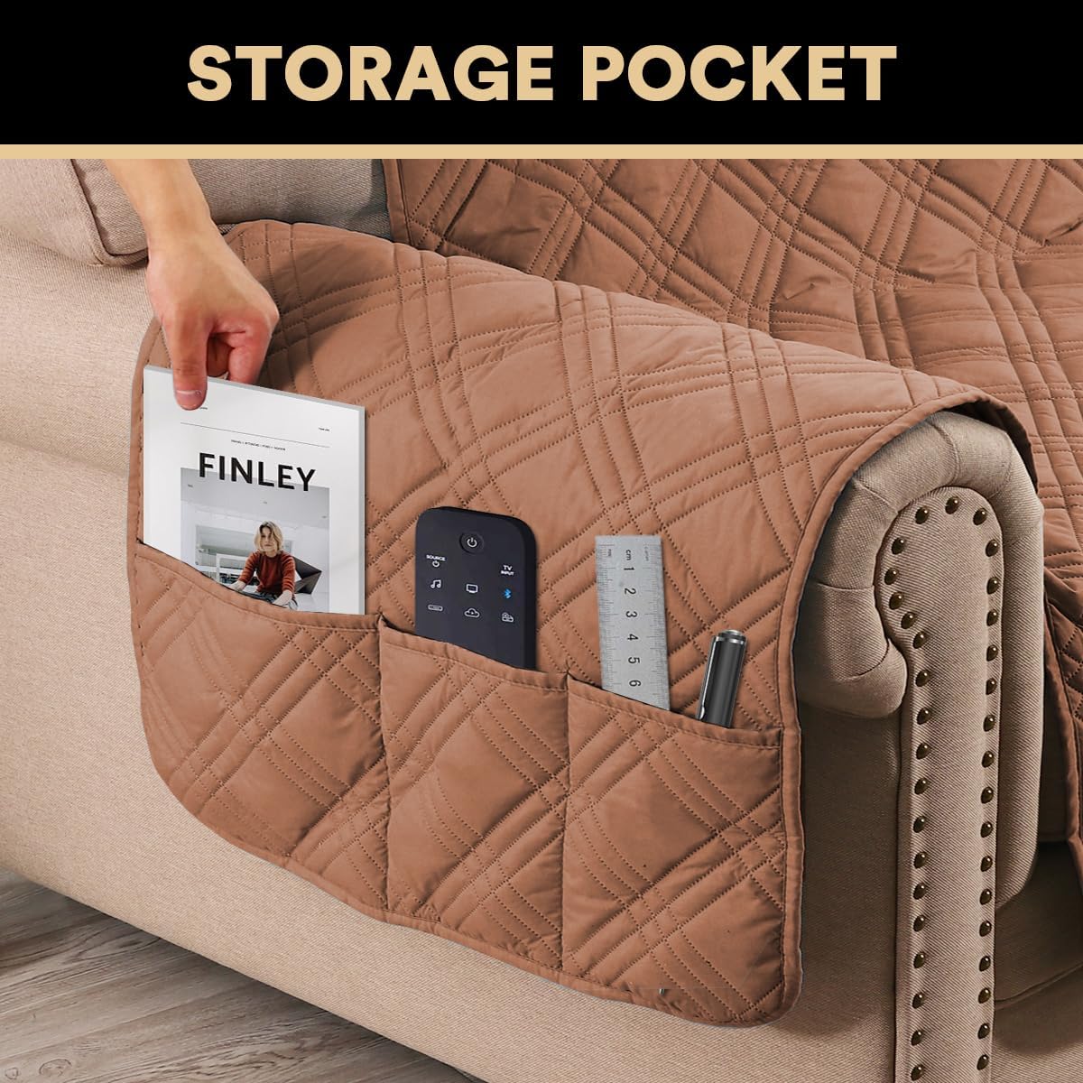 PrinceDeco 100% Waterproof Couch Cover for 3 Cushion Couch Sofa Pet Friendly Non-Slip Couch Cover for Dogs Washable Water Resistant Furniture Protector with Elastic Straps(Sofa 68", French Oak)