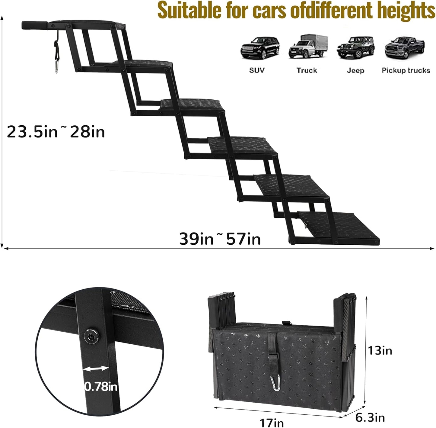 Dog Stairs for Car - Foldable Dog Ramps for Large Dogs with Non Slip Surface, Portable Dog Steps for Cars and SUV, Truck, Support Up to 200 Lbs