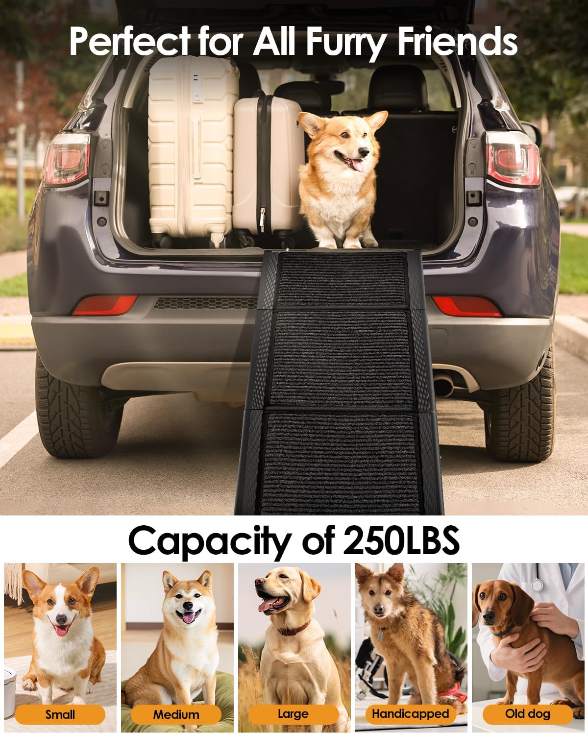 Folding Dog Ramp for Car SUV Truck, 17.3" x 71" Portable Pet Ramp for Large Dogs, Lightweight Non-Slip Dog Car Ramp, Sturdy Dog Ramp for Cars and High Beds, Easy to Carry and Store