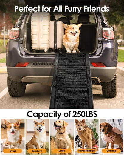 Folding Dog Ramp for Car SUV Truck, 17.3" x 71" Portable Pet Ramp for Large Dogs, Lightweight Non-Slip Dog Car Ramp, Sturdy Dog Ramp for Cars and High Beds, Easy to Carry and Store