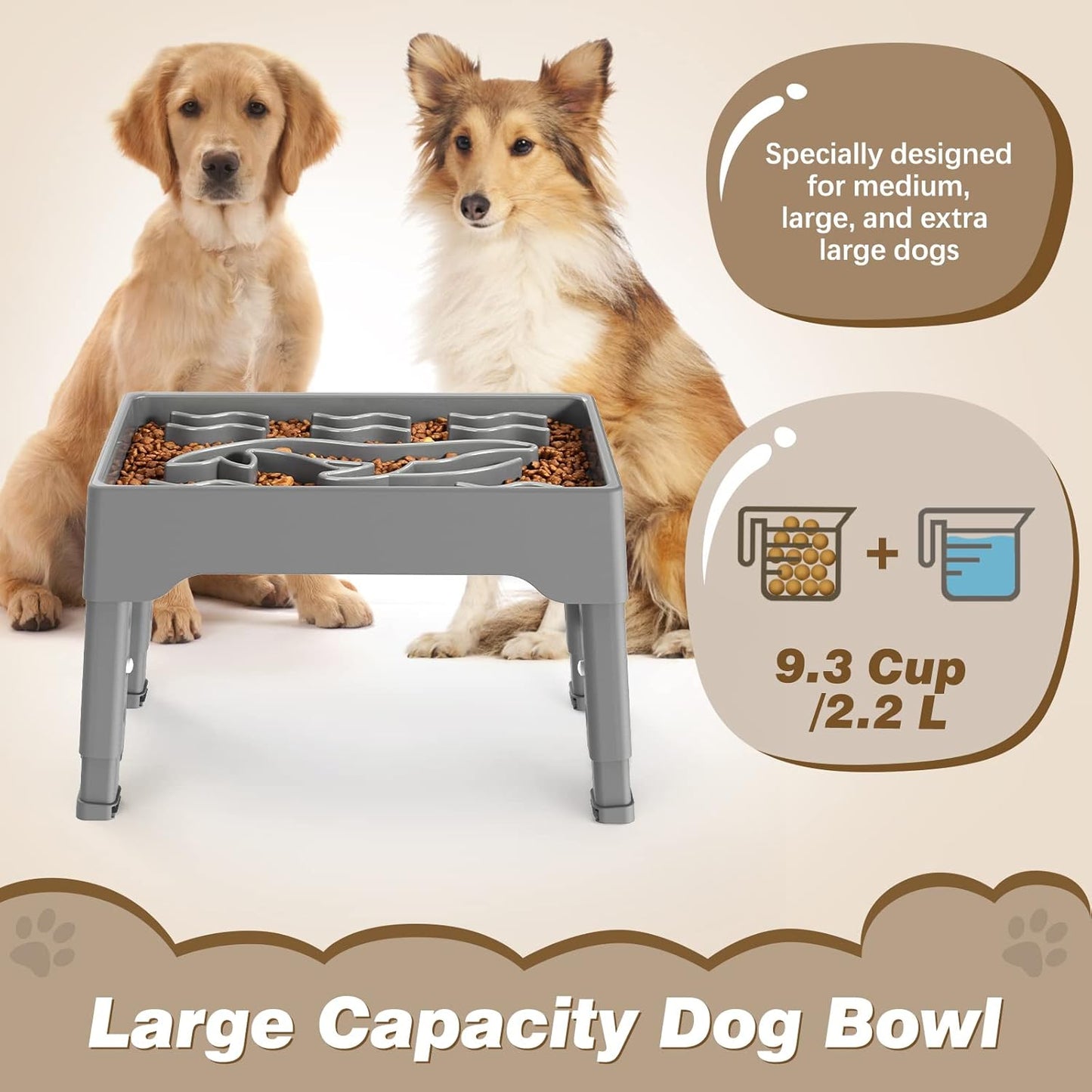 Elevated Slow Feeder Dog Bowls, 9 Cups Raised Dog Slow Feeder Bowls Large Breed with 4 Adjustable Heights Pet Food bowl Stand, Non Slip Anti Gulping sow eating dog bowl for Medium & Large Breed