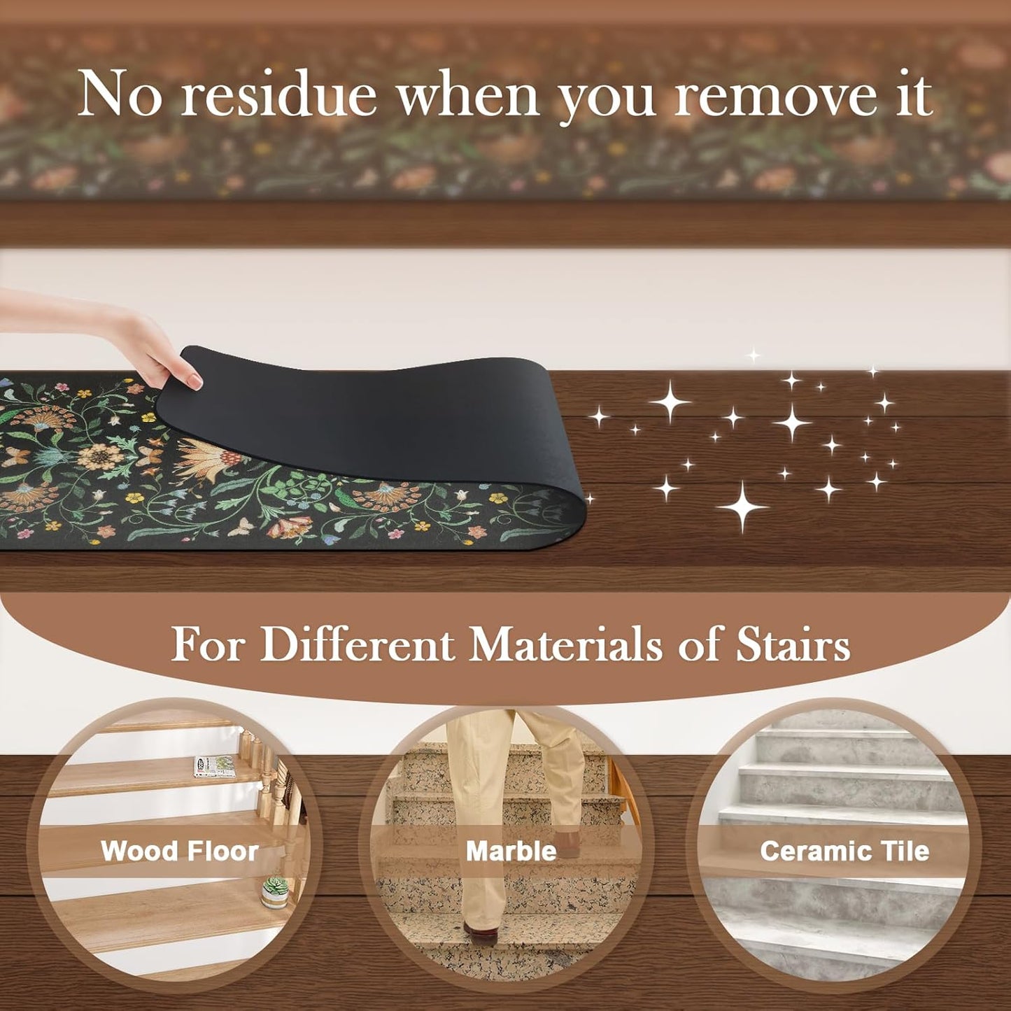 OJIA Floral Stair Treads Non-Slip Carpet Stair Treads for Wooden Steps Indoor 15PCS 30"x8" Stair Runner Stair Mats Staircase Step Treads for Kids, Elders and Dogs, Stair Covers, Black