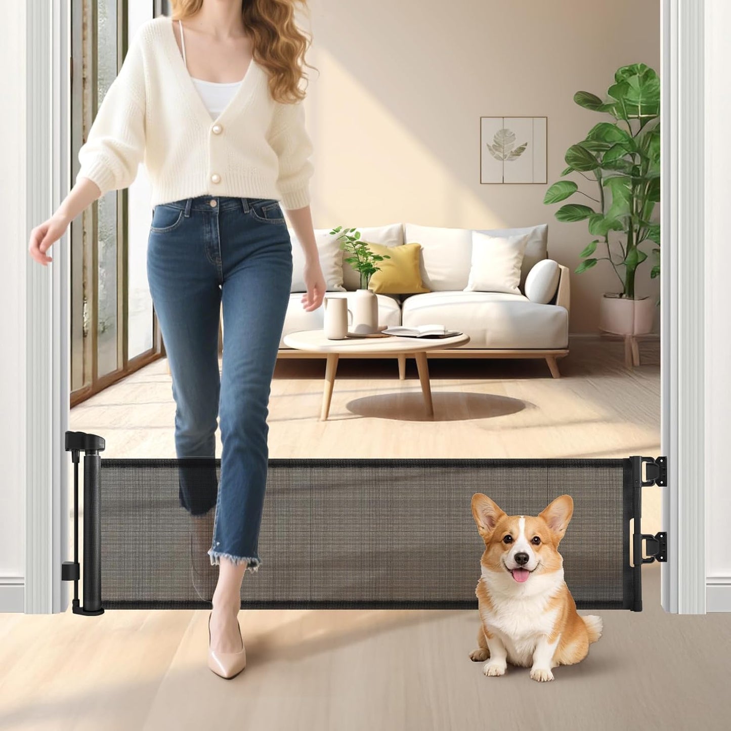 Short Dog Gate,14" Tall Gate to Step Over, Puppy Mesh Retractable Pet Gates Doggy Door for Doorways Stairs, Extends up to 55" Wide for Kitchen Hallways Indoor, Gray