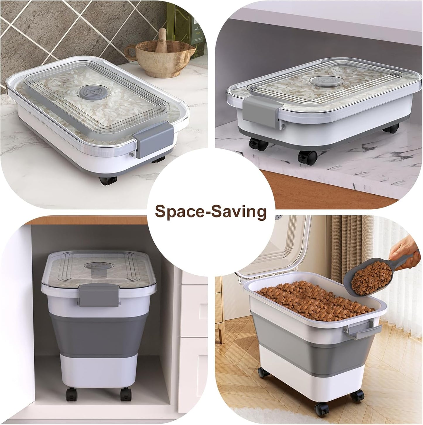 Komzon Rice Storage Container, Collapsible Airtight 10-40 Lb Rice Storage Container, 25lb Pet Dog Food Storage Container, Rice Dispenser Bin with Cup and Scoop for Flour Cereal Pasta Grain, Cat Bird