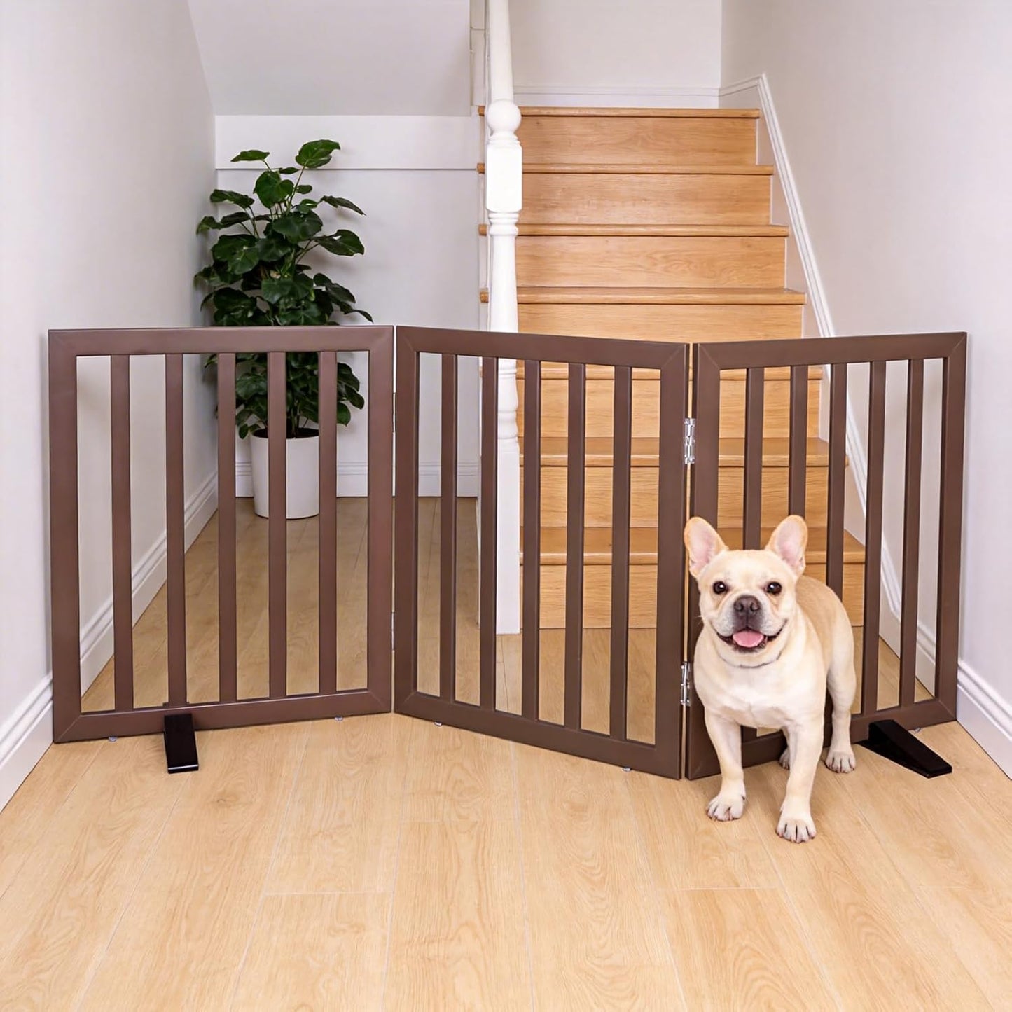 ZJSF Freestanding Indoor Dog Gate for House Foldable Wood Puppy Gate for Doorways Pet Gate for Stairs Extra Wide Pet Fence, Brown, 24" Height 3 Panels