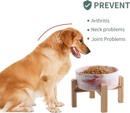 Black Elevated/Raised Dog Bowl Ceramic with Wood Stand for Medium Large Breed,Dog Food Water Dish Heavy Weighted,8 in Non Slip Modern Cute Porcelain Pet Bowl Extra Large