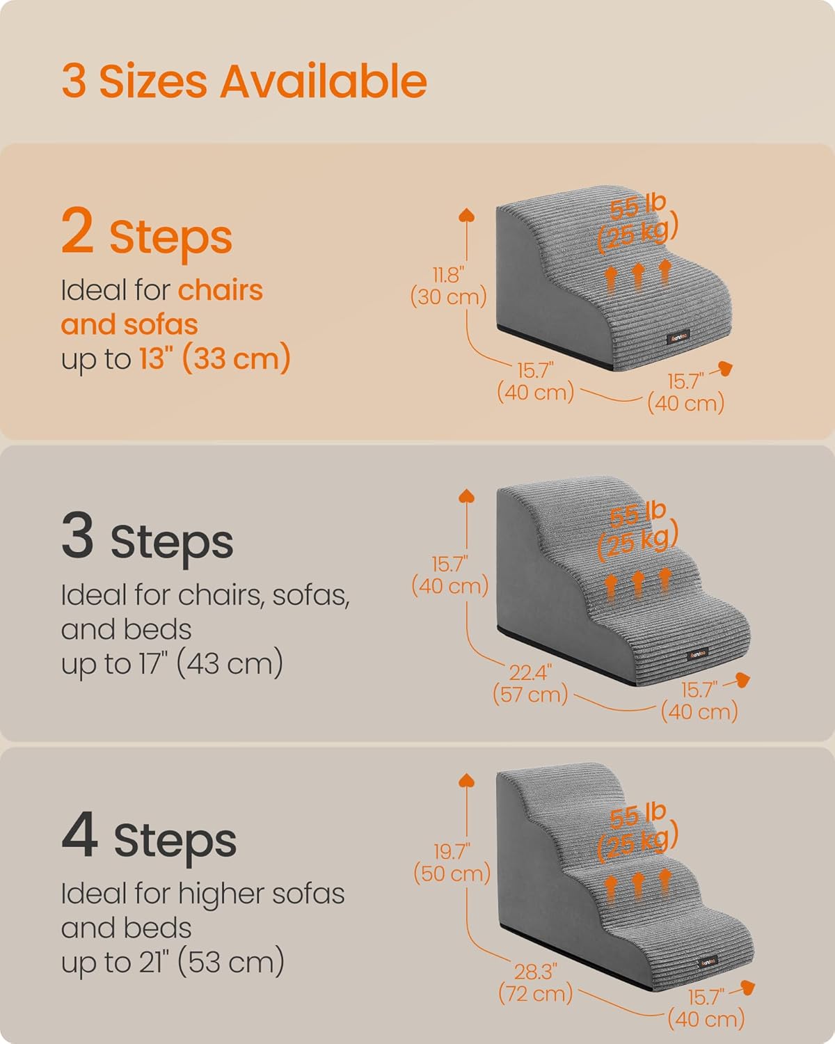 Feandrea 3-Step Dog Stairs, Dog Steps for Bed, Sofa, Waterproof Pet Stairs with Anti-Slip Designs, Gentle Slope, Removable Washable Cover, Handle, Dove Gray UPPS003G01