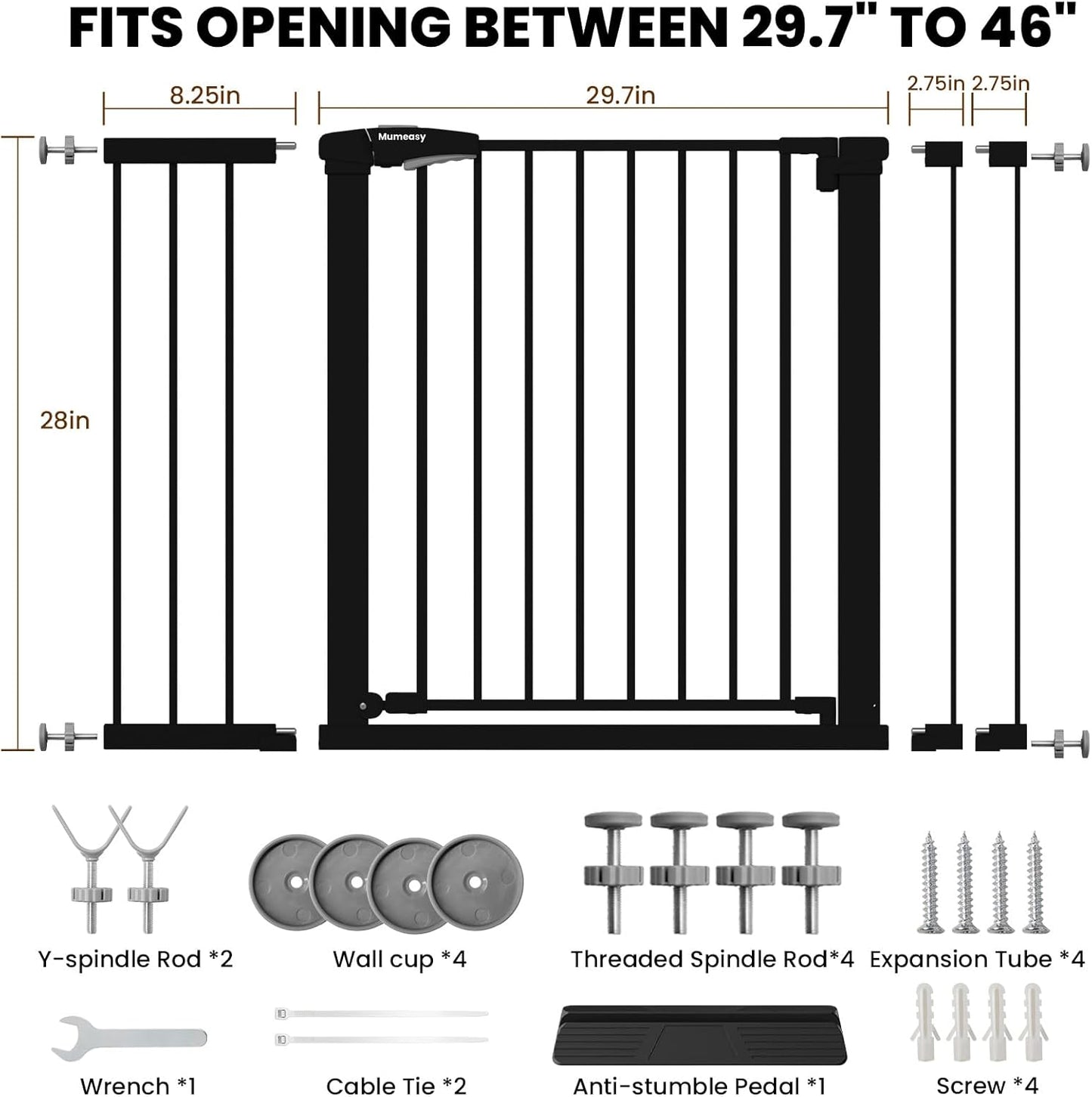 Mumeasy 29.7-46" Baby Gate for Stairs, Pressure Mounted Dog Gate for Doorways, Auto Close Walk Through Pet Gate Indoor, Extra Wide Metal Child Safety Gate, Mom's Choice Awards Winner, Black