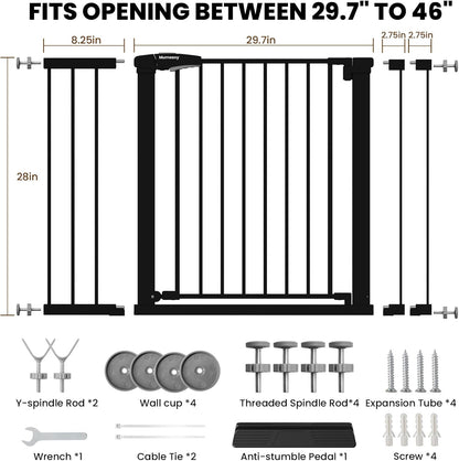 Mumeasy 29.7-46" Baby Gate for Stairs, Pressure Mounted Dog Gate for Doorways, Auto Close Walk Through Pet Gate Indoor, Extra Wide Metal Child Safety Gate, Mom's Choice Awards Winner, Black
