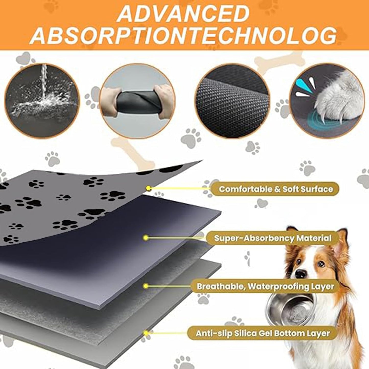 18"×30" Dog Food Mat-Absorbent Dog Mat for Food and Water, No Stains Quick Dry Cat Food Bowl Mat with Footprints for Messy Drinkers,Dark Grey