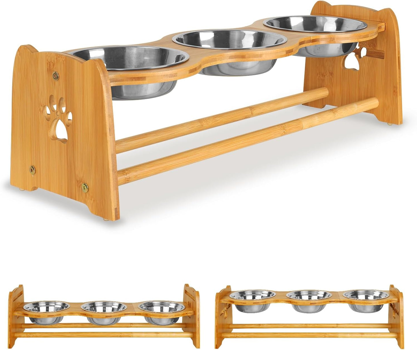 X-ZONE PET Elevated Dog Bowls for Cats and Dogs, Adjustable Bamboo Raised Dog Bowls for Small Dog, Food and Water Set Stand Feeder with 2 Stainless Steel Bowls and Anti Slip Feet (Height 4" to 4.5")