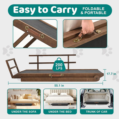 Dog Ramp for Bed, Adjustable Pet Ramps for Dog to Get on Bed, Non-Slip Rubber Surface - Folding Wooden Dog Ramp for Small/Large/Old Dogs, Adjustable up to 27.5 inch High Beds, Safety Railings